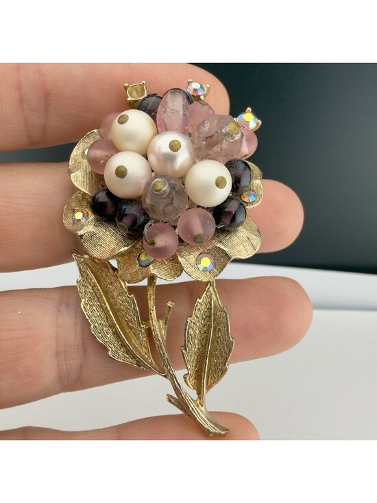 Coro Jewelry - Vintage Coro Floral Brooch Rhinestone Faux Pearls AB Purple Bouquet Glass Bead